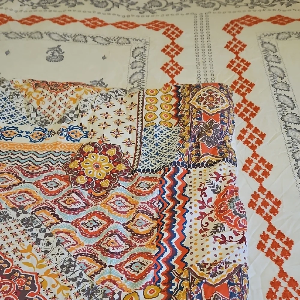 Anthology Jodpur Cream Gray Orange Embroidered Boho Reversible Full Comforter